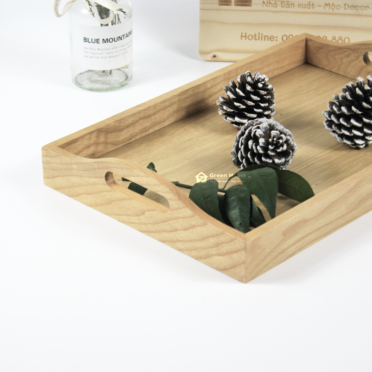 Khay trà decor cao 6cm, Khay gỗ đa năng có tay cầm dùng để bưng trà, đồ ăn uống phong cách Vintage