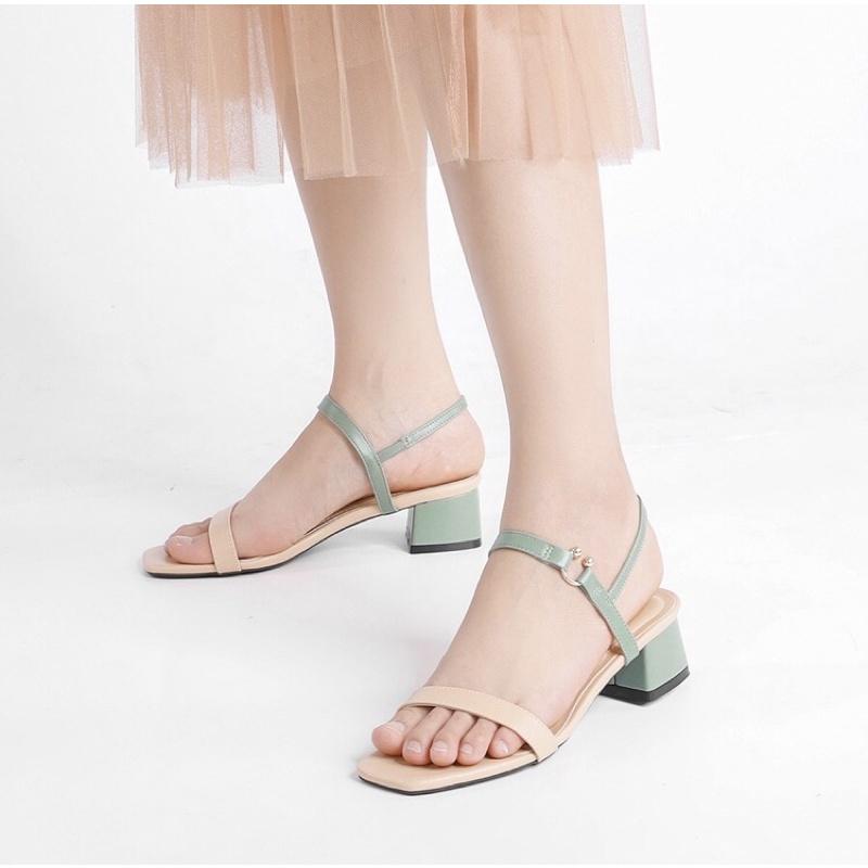 Giày sandal dily gót vuông 3cm phối màu đỏ đô, xanh lá