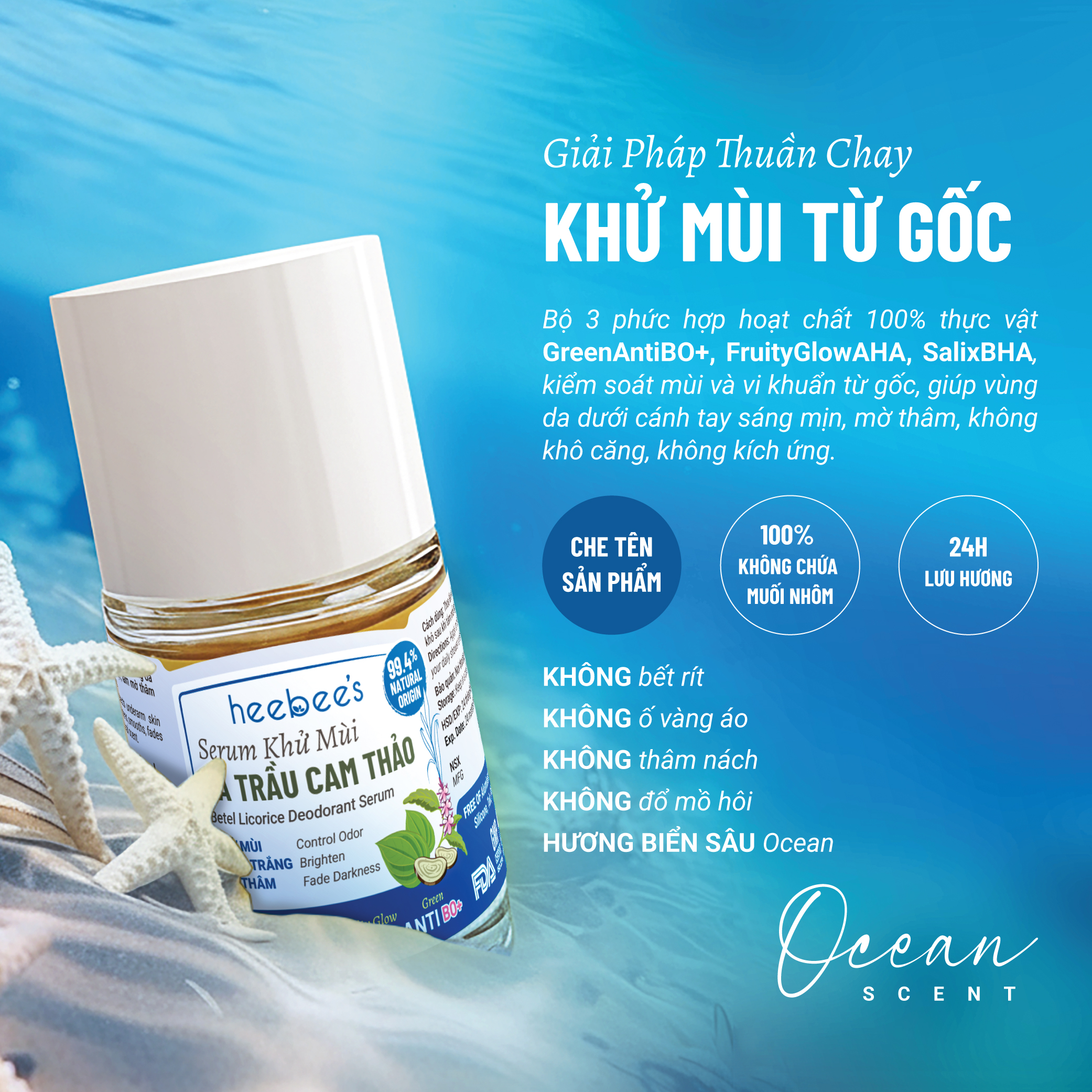 Serum Khử Mùi Thảo Dược Thuần Chay Lá Trầu Cam Thảo Heebee’s Lăn Khử Mùi, Dưỡng Sáng, Mờ Thâm, Ngăn Mùi 12H 30ml
