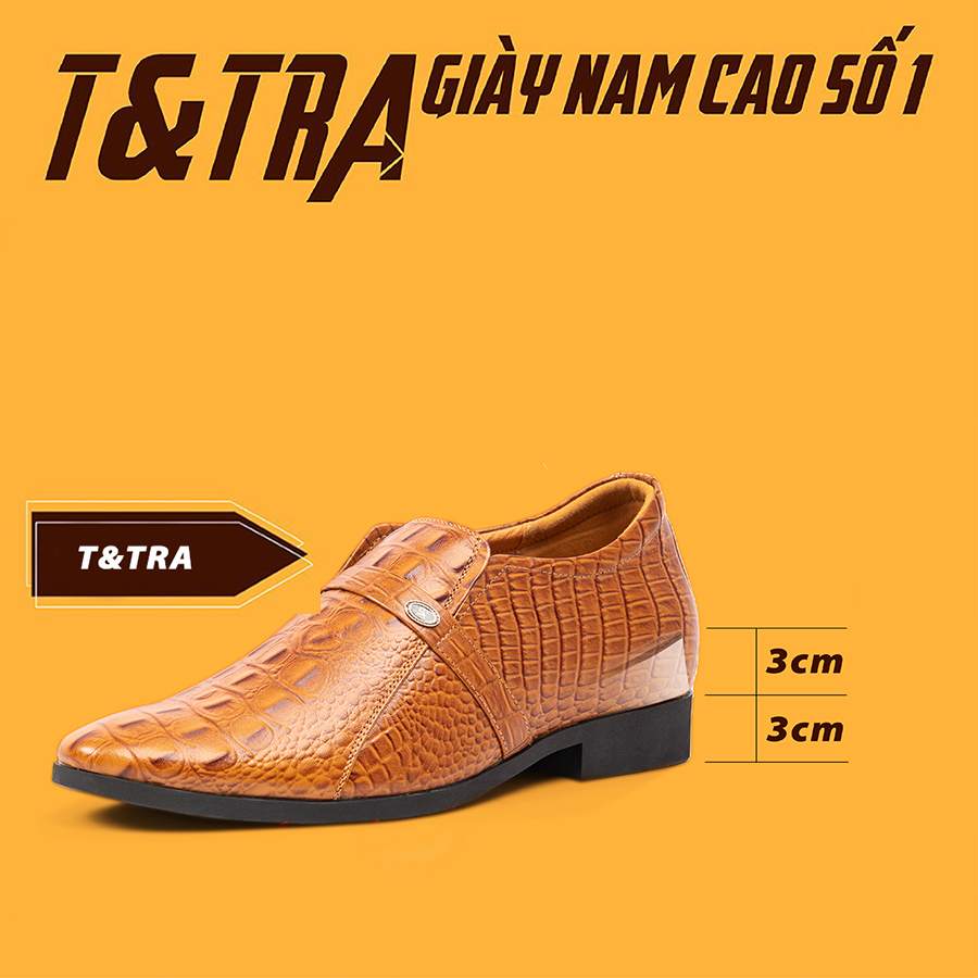 Giày Độn Nam T&TRA Tăng Cao 6Cm- T05 Cá Sấu Nâu Sáng - Chất Liệu Da Bò Cao Cấp, Đế Cao Su Đúc, Phần Tăng Cao Ẩn Bên Trong