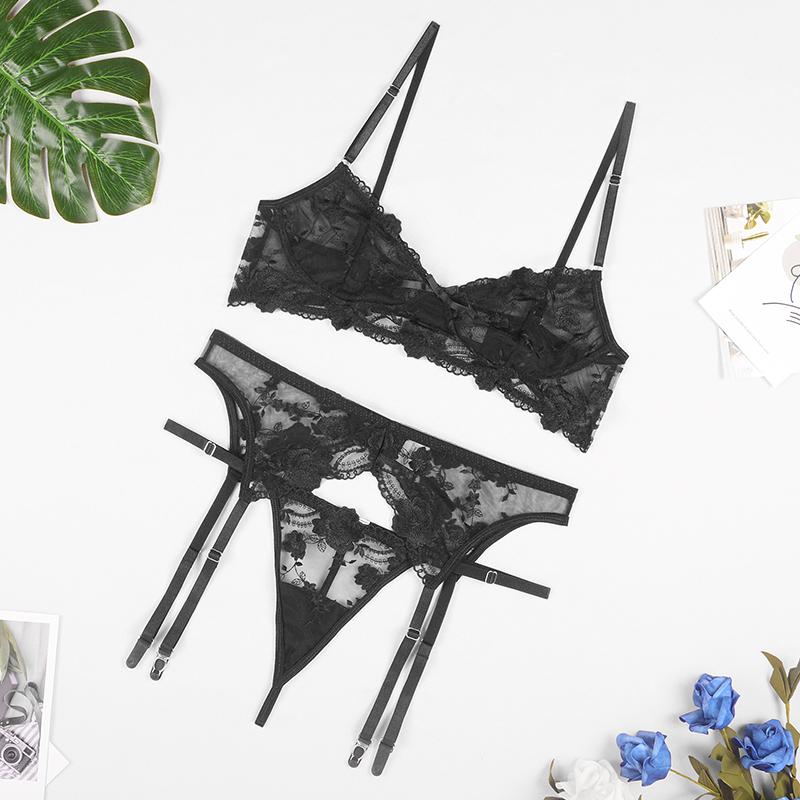 Thêu Gợi Cảm Nữ Đen Mỏng Trong Suốt Ren Push Up Bra Bộ Áo Ngực + Garters + Thông Bộ 3 xem Qua Quần Lót