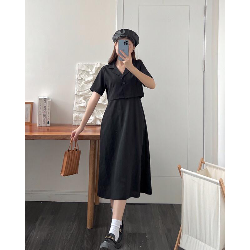Set váy 2 dây nữ 1 màu nơ ngực, áo sơ mi cổ k lửng b238407