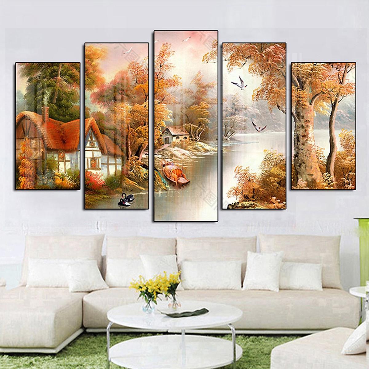 Tranh Tráng Gương Pha Lê Treo Tường Hiện Đại _ Tranh Bộ 5 Phong Cách Sơn Dầu Phong Cảnh Mùa Thu