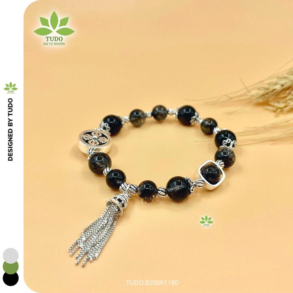 Vòng Tay Nữ Đẹp - Vòng Phong Thủy Mệnh Thủy Mộc TUDO B200K1180 VCBTATDEN đen, Charm Bạc Tua Rua, Bánh Xe Pháp Luân