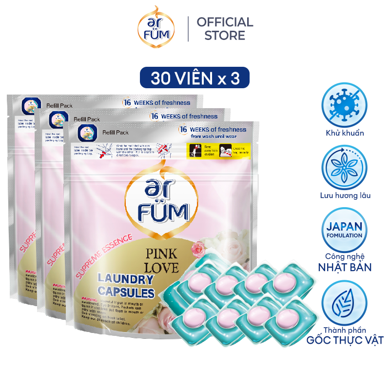 Combo 3 Túi Viên Giặt Xả Tiện Lợi arFum Hương Hoa Công Nghệ Nhật Bản (30 Viên/ Túi