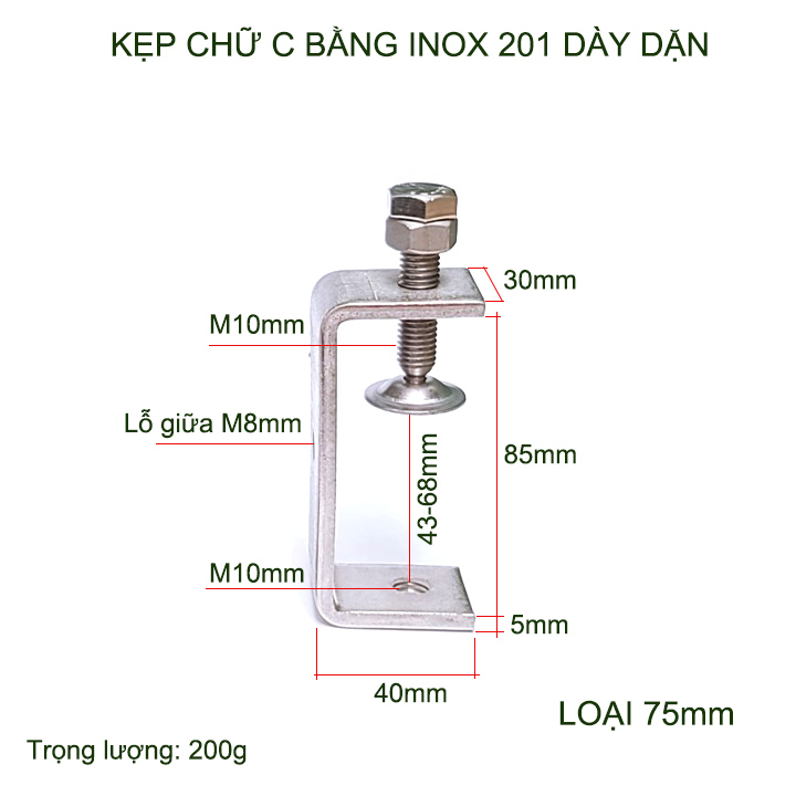 01 Kẹp chữ C bằng inox 201 không gỉ, dày dặn chắc chắn dùng cho nghề mộc