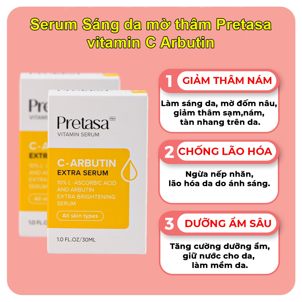 Serum Sáng da mờ thâm PRETASA vitamin C Arbutin Extra Serum - Hàng Chính Hãng