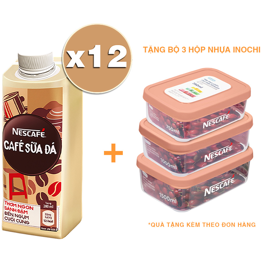 Lốc 12 cà phê uống liền Nescafé cà phê sữa đá (hộp 180ml) [Tặng bộ 3 hộp nhựa Inochi]