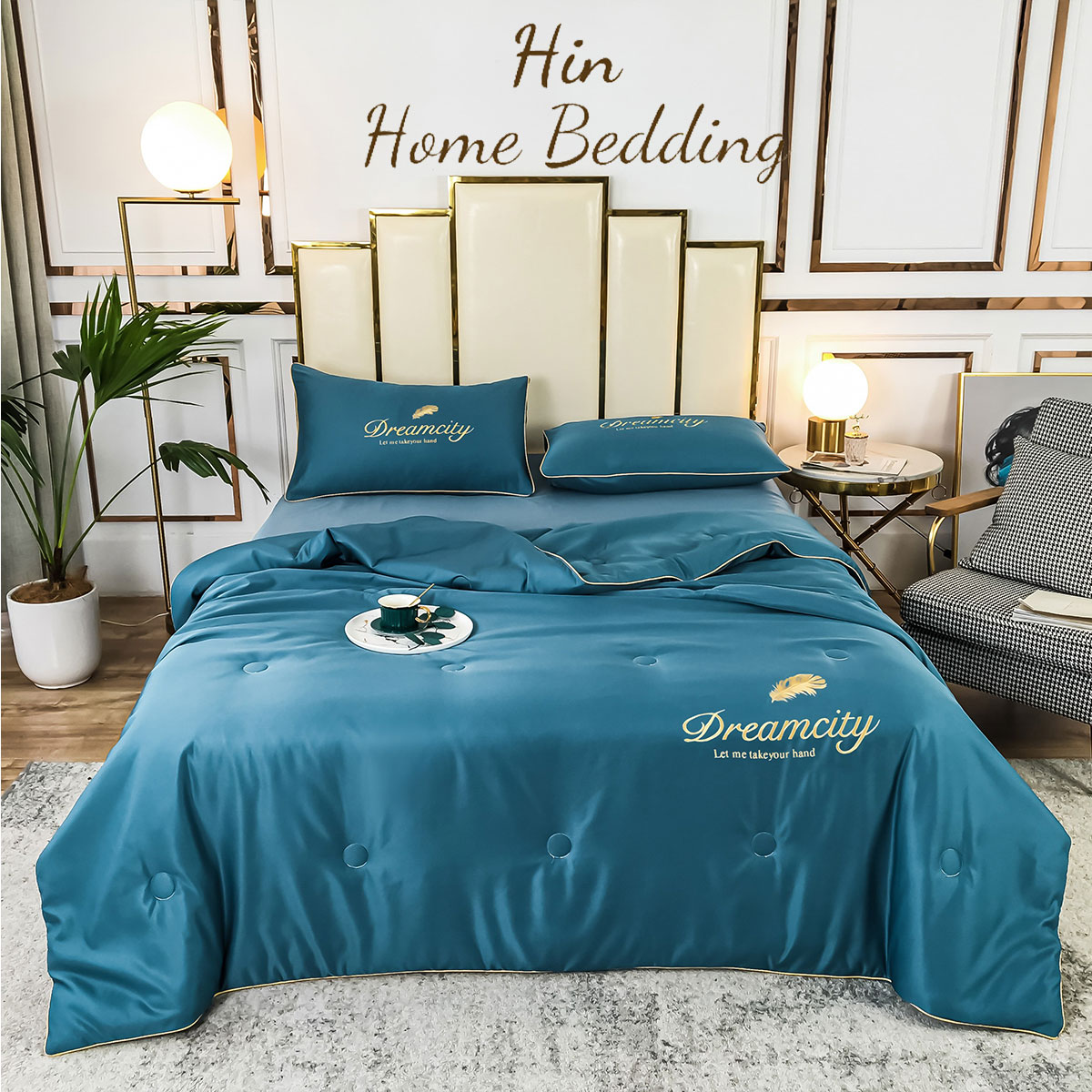 Bộ Chăn Ga Gối Đệm 5 Món Lụa Dream City Bộ Ga Drap Trải Giường Chăn Chần Bông Đẹp Hin Home Bedding Mẫu Xám
