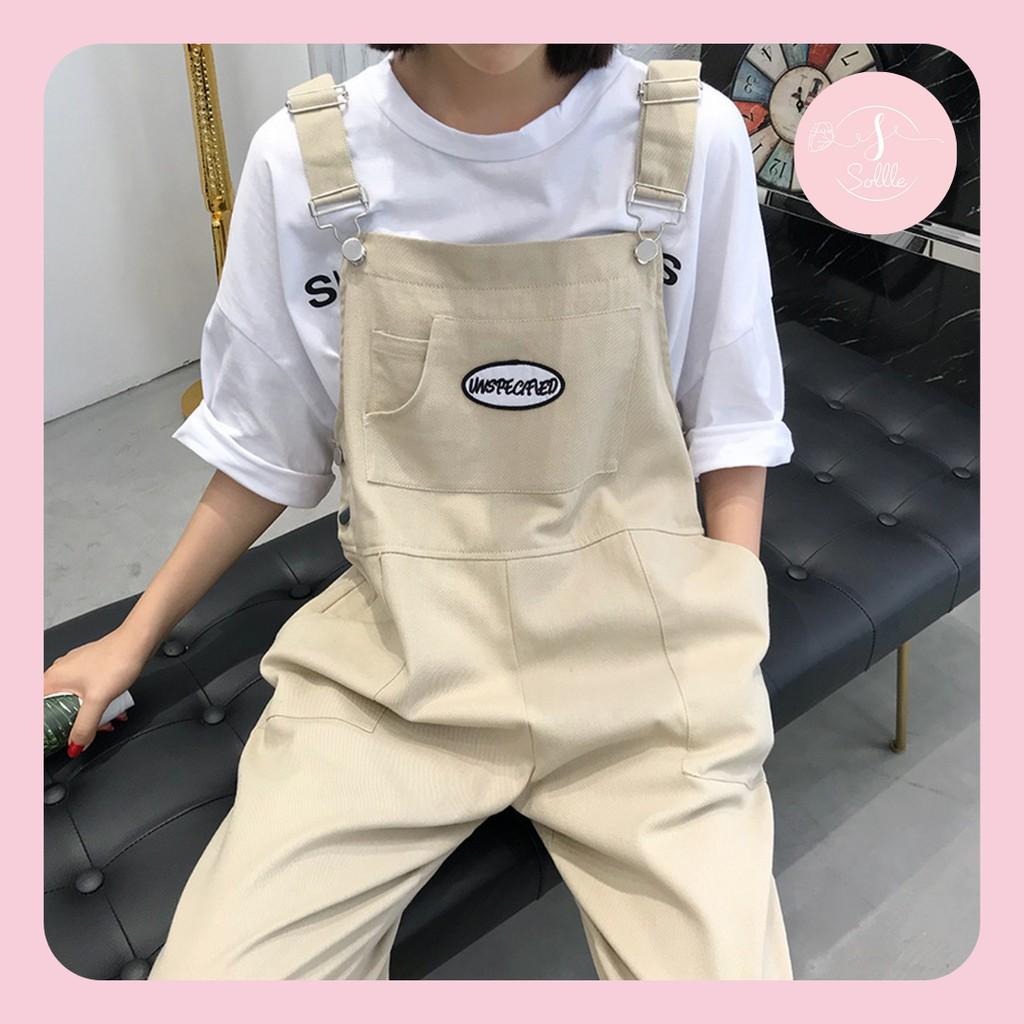 Quần yếm kaki basic dáng suông Unisex, yếm 2 dây thêu chữ phong cách Hàn Quốc