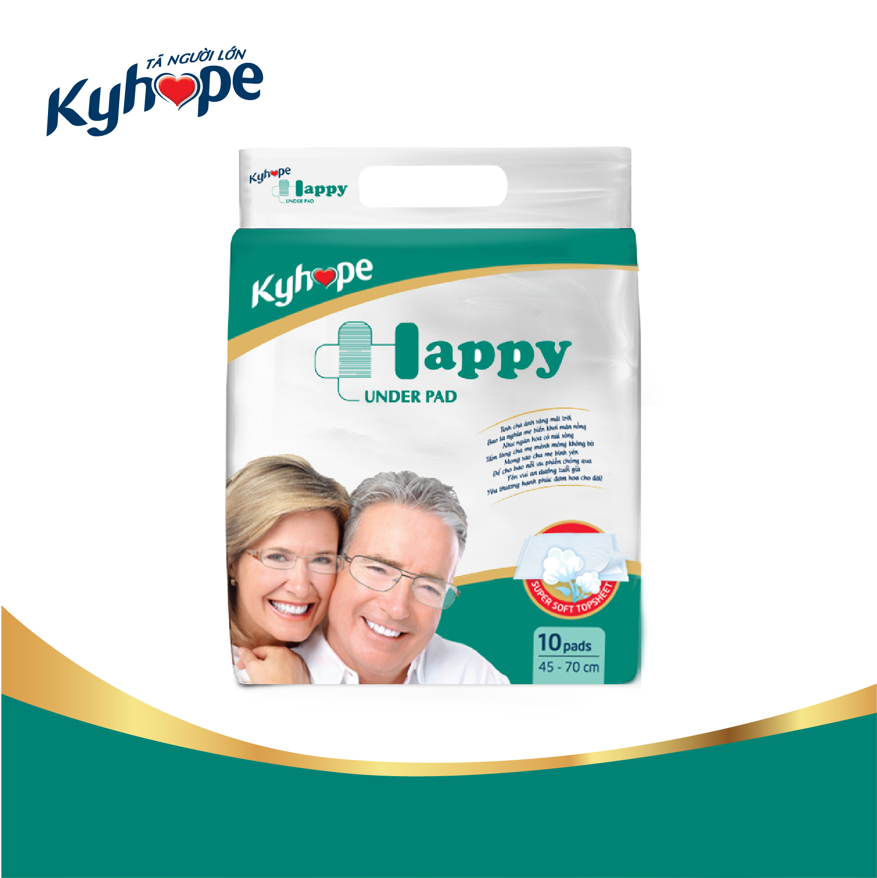 Bộ 10 gói Tấm lót Kyhope HAPPY size M công nghệ Nhật Bản kháng khuẩn, loại bỏ mùi, gói 10 miếng dành cho người lớn