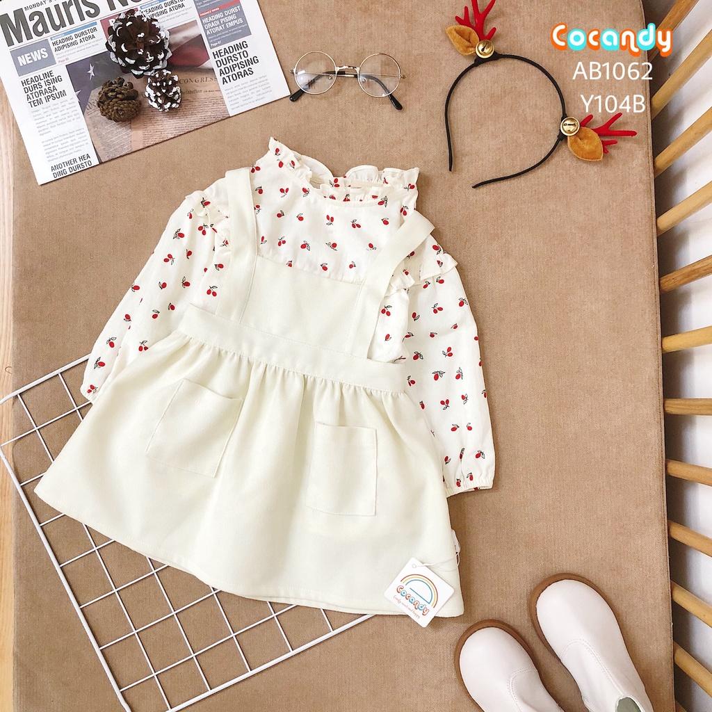 Set đồ cho bé -Áo babydoll trắng cherry đỏ và váy yếm nhung be cho bé của COCANDY mã AB106201, Y104B