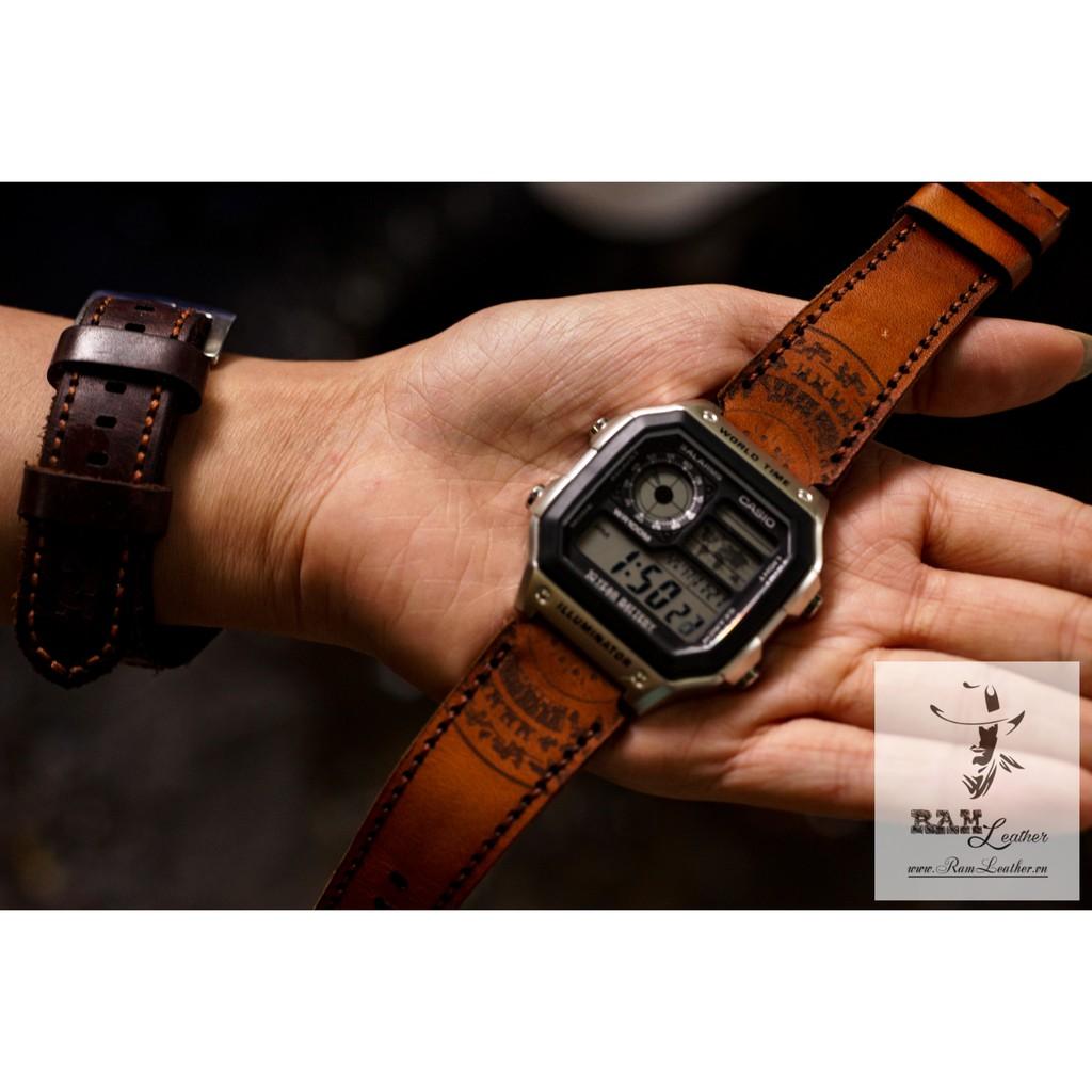 DÂY ĐỒNG HỒ CASIO AE1200/SEIKO5 TRỐNG ĐỒNG LIGHT BROWN SÁNG DA BÒ THẬT
