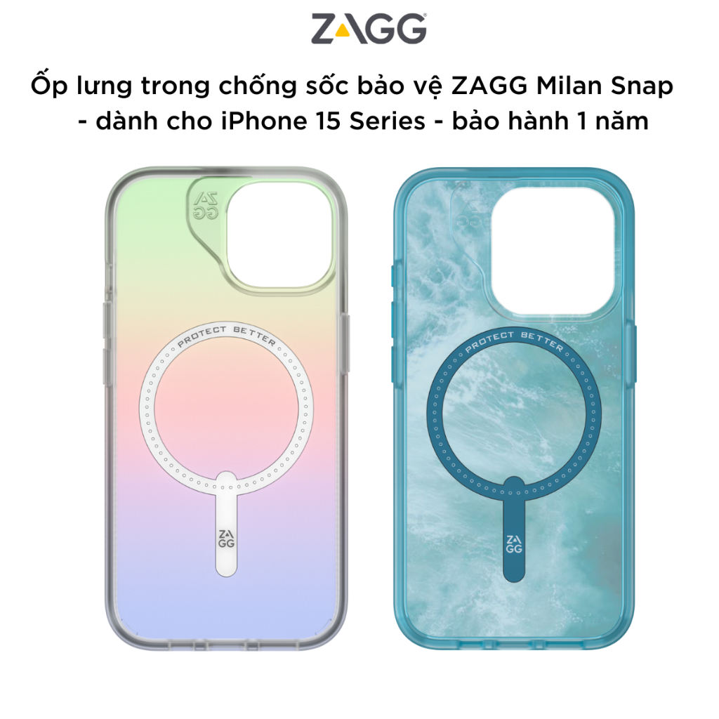 Ốp lưng chống sốc bảo vệ ZAGG Milan Snap cho iPhone 15 Series tương thích sạc không dây, bảo hành 1 năm - hàng chính hãng