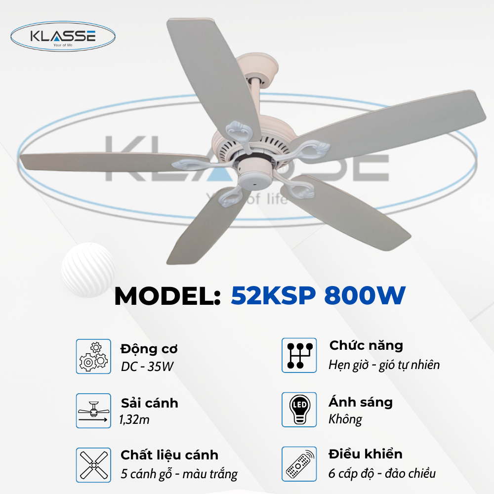 Quạt trần cánh gỗ không đèn Klasse 52KSP 800W hàng chính hãng
