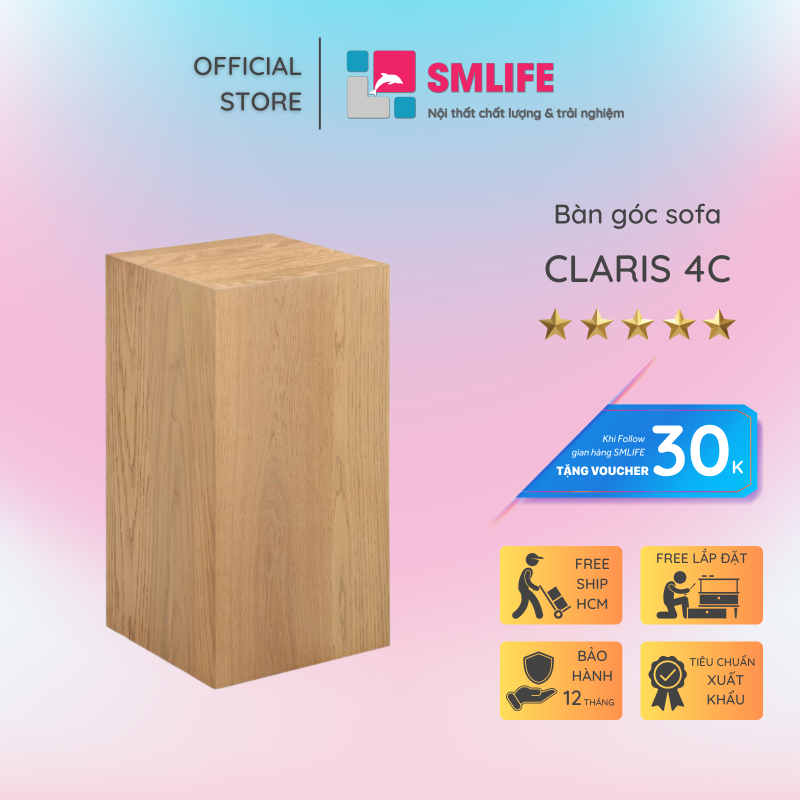 Bàn góc sofa hình hộp chữ nhật có bánh xe hiện đại SMLIFE Claris 4C | D30,5 x R30,5 x C59,8cm | gỗ Cao Su và Veneer Sồi