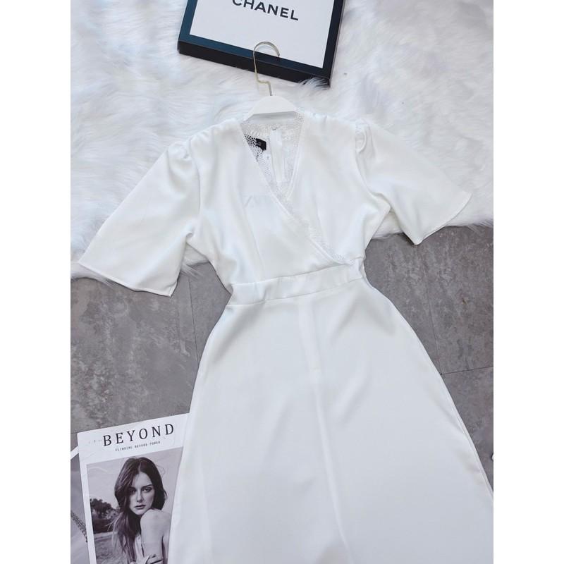 VÁY TRẮNG CỔ V PHỐI REN DÁNG DÀI CHO NỮ