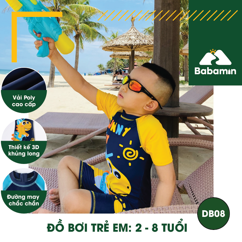 Đồ Bơi Trẻ Em Bé Trai Liền Thân 2 - 8 Tuổi - Babamin - Họa Tiết 3D Khủng Long - DB08