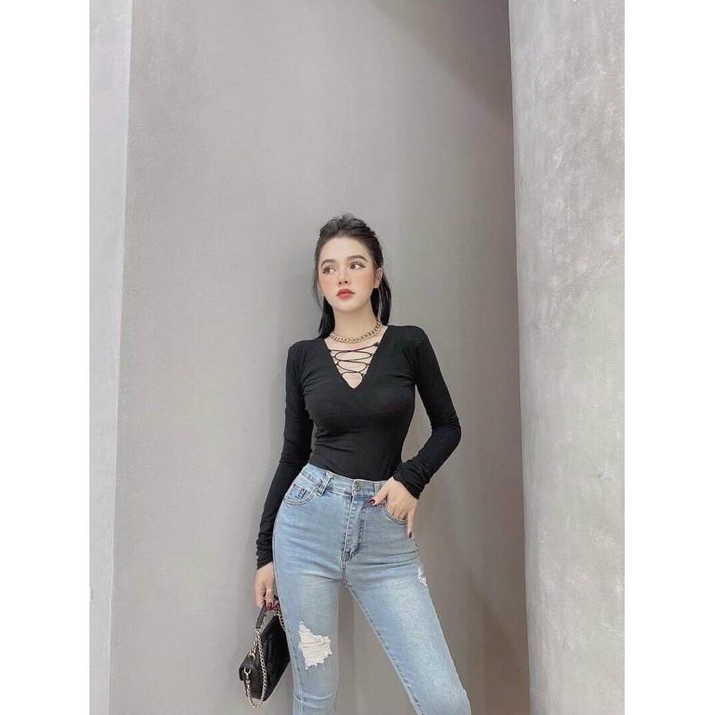 Áo croptop tay dài đan dây trước ngực siêu sexy- A5N Áo Croptop Tay Dài Bozip Đan Dây Trước Ngực