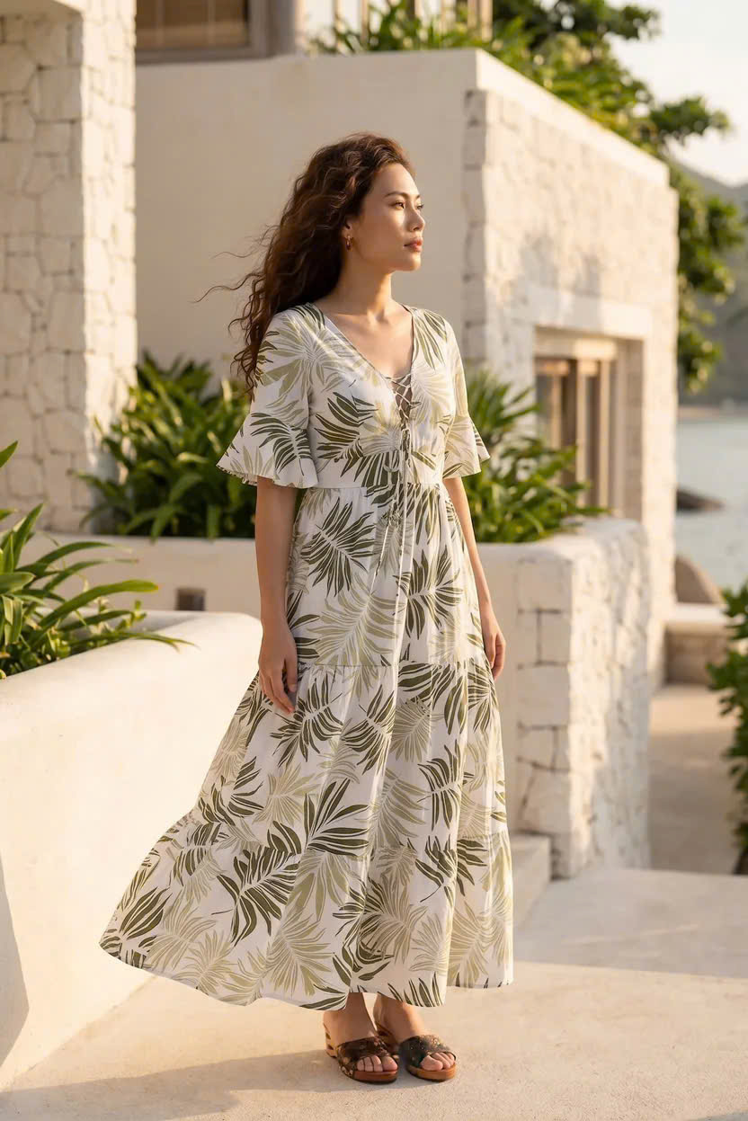 Đầm Maxi Linen Lá Cọ Du Lịch Nhiệt Đới, Đầm Maxi Linen Bích Diệp Dre204 Thời trang Hity