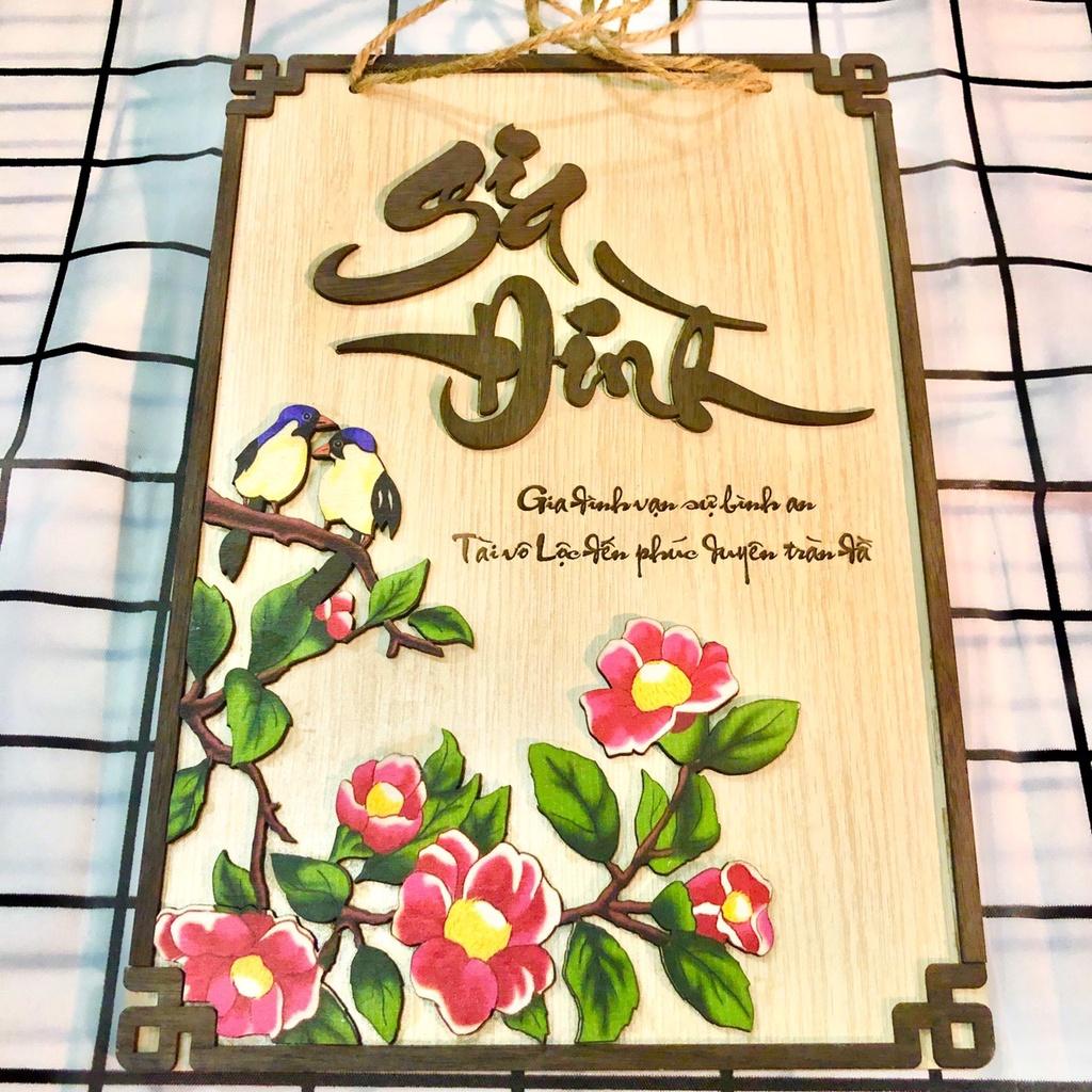 Tranh gỗ chữ thư pháp chữ Gia Đình vạn sự bình an có sẵn dây treo tặng kèm đinh 3 chân