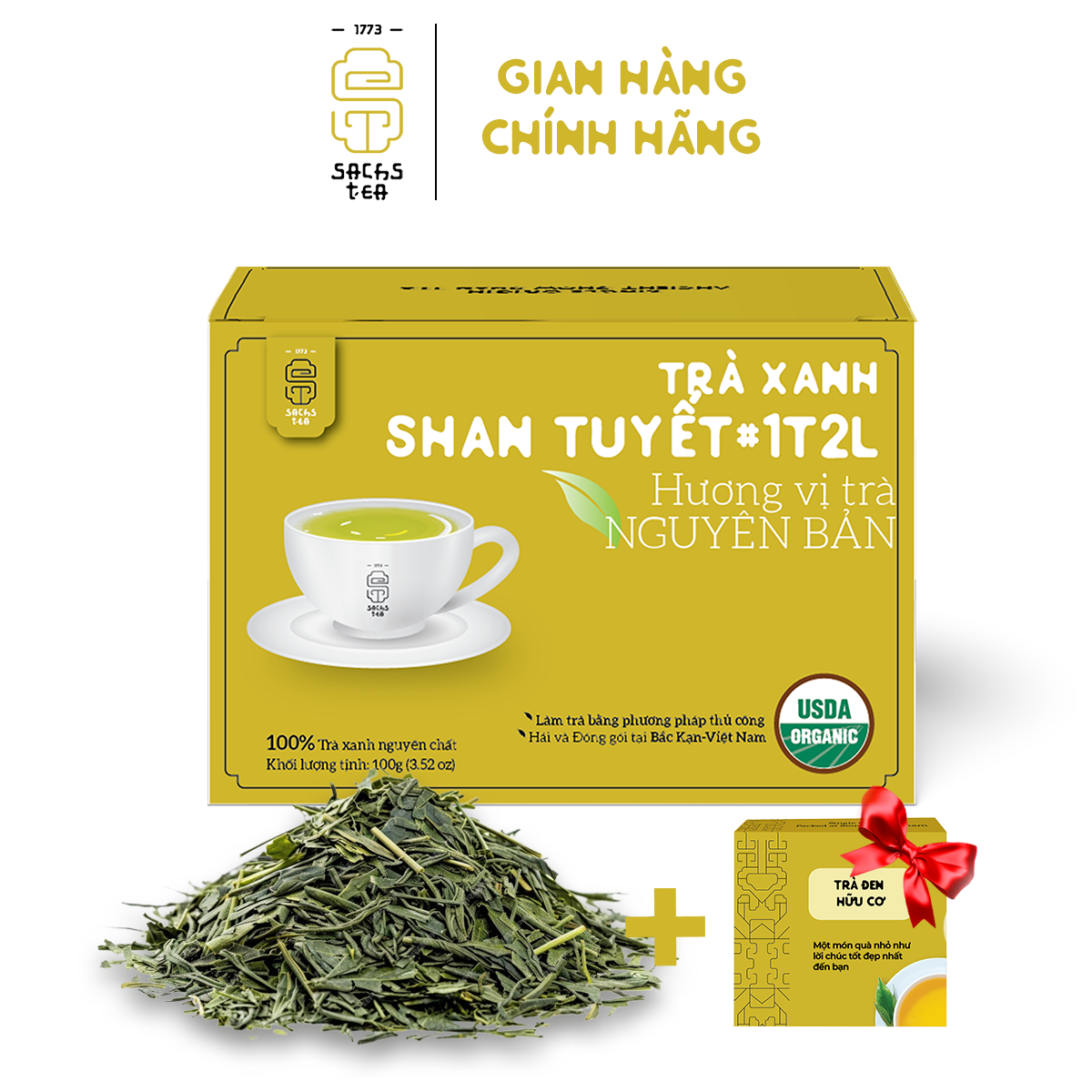 Trà Xanh Shan Tuyết Cổ thụ Loại Hảo hạng | 100% chứng nhận hữu cơ USDA Organic Hoa Kỳ | Loại Búp và Nguyên Lá | Thơm mật ong, Đậm vị, ngọt hậu sâu 100g