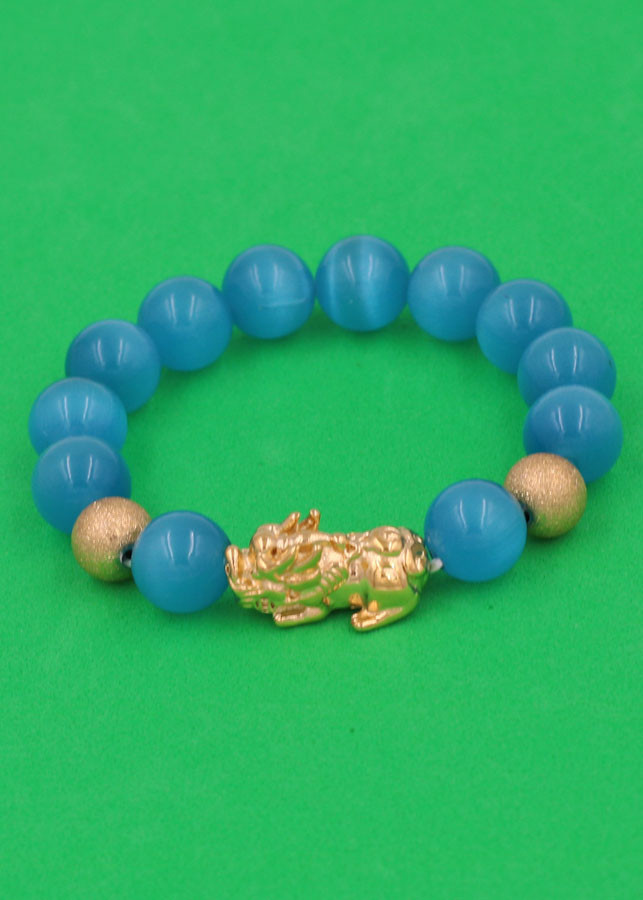 Vòng đeo tay Đá Mắt Mèo Xanh Biển 12 ly - cẩn Tỳ Hưu Phong Thủy inox vàng VMEXBTHHBV12 - hợp mệnh Thủy, mệnh Mộc