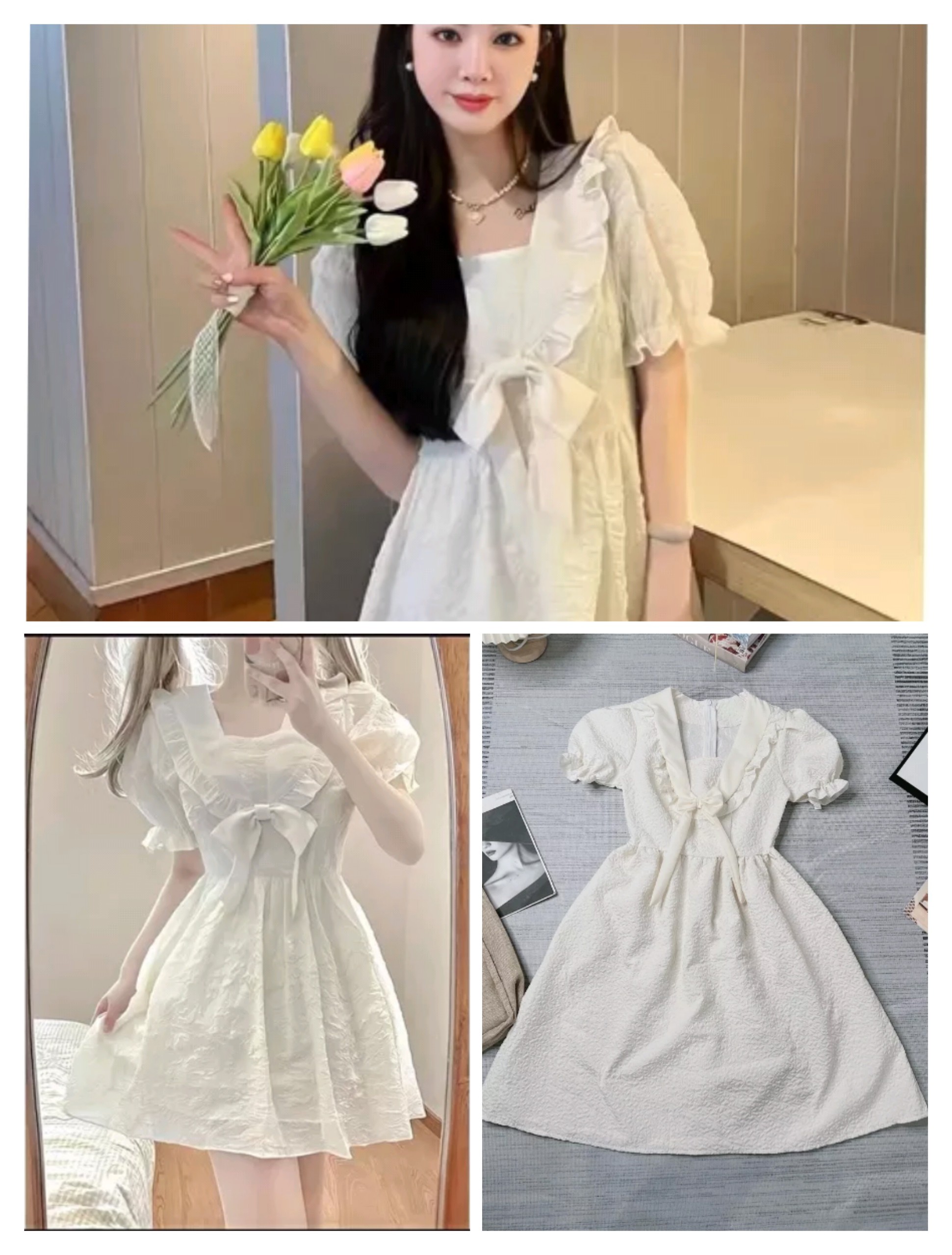 Đầm Nữ Cổ Sen Cộc Tay Viền Bèo Buộc Nơ Vải Gấm Tay Bo Dáng Xòe Siêu Xinh