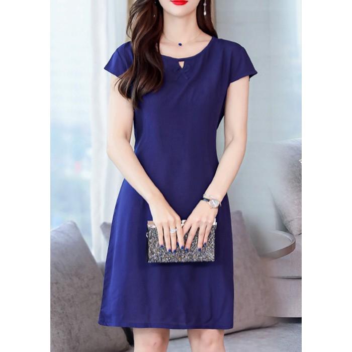 Đầm suông màu xanh đen trơn thắt eo da155