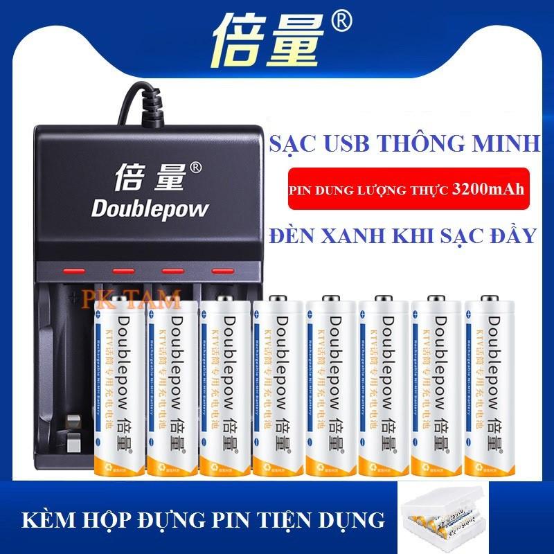 Combo Sạc Tự Ngắt Thông Minh UK83 Đổi Đèn Khi Sạc Đầy Kèm 8 Pin Doublepow 3200Mah Dung Lượng Chuẩn