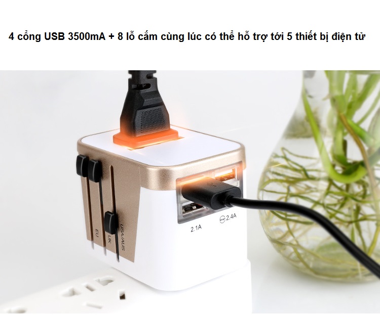 Ổ cắm điện thông minh tích hợp 4 cổng USB, thích hợp du lịch quốc tế, độ an toàn cao ( Tặng kèm 03 nút kẹp cao su giữ dây điện cố định ngẫu nhiên )