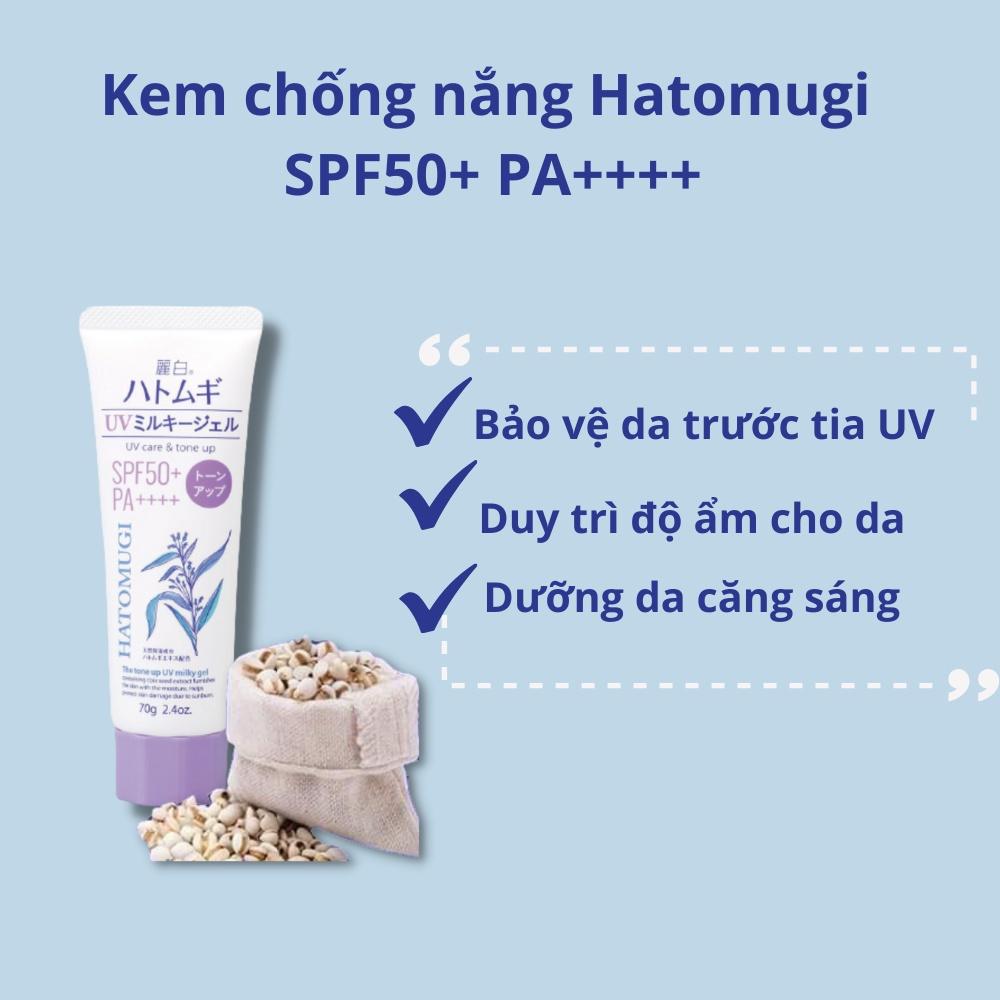 Kem chống nắng Hatomugi UV Care &amp; Moisturizing SPF50+ PA++++ nang tone dưỡng ẩm và làm sáng da 80g