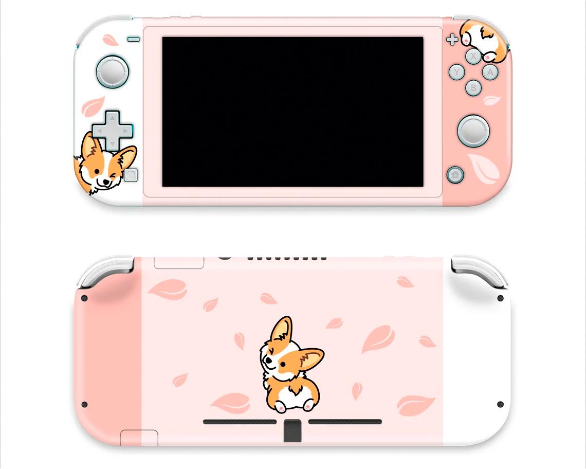 Skin decal dán Nintendo Switch Lite mẫu Corgi nền hồng cam phối trắng (dễ dán, đã cắt sẵn)