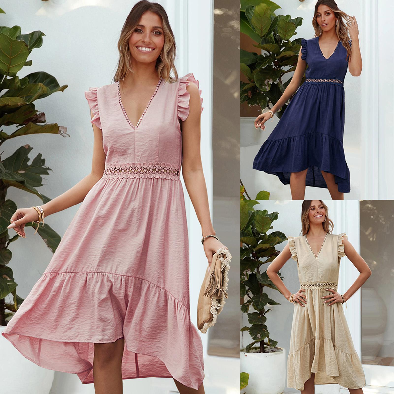 Women Midi Dress V-Neck Sleeveless Elastic Waist Ruffle Hem Dress Lace Splicing Solid Color Cute Casual Dress