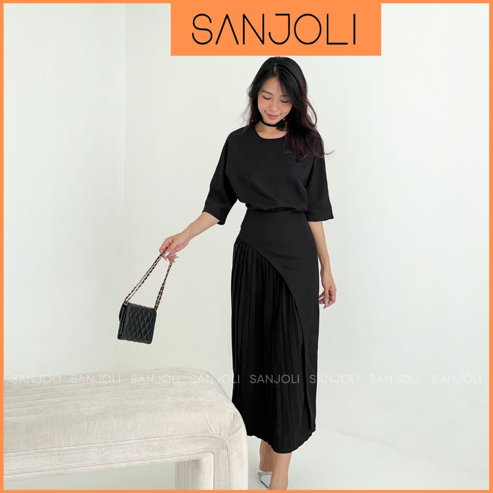 Set Váy Dự Tiệc Nữ SANJOLI Áo Tay Ngắn Phối Kèm Chân Váy Dài Kiểu Xếp Ly Dáng Xòe Cạp Cao Công Sở Màu Trắng Đen VD008