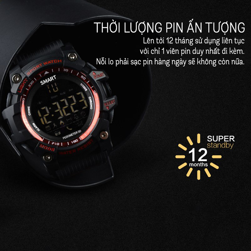 Đồng Hồ Thông Minh Smartwatch EX16 Dáng Thể Thao - Pin 12 Tháng - Chống Sốc - Nước IP67 - Thông Báo Cuộc Gọi, SMS - Tặng Kèm Một Móc Khoá LAVATINO Chính Hãng