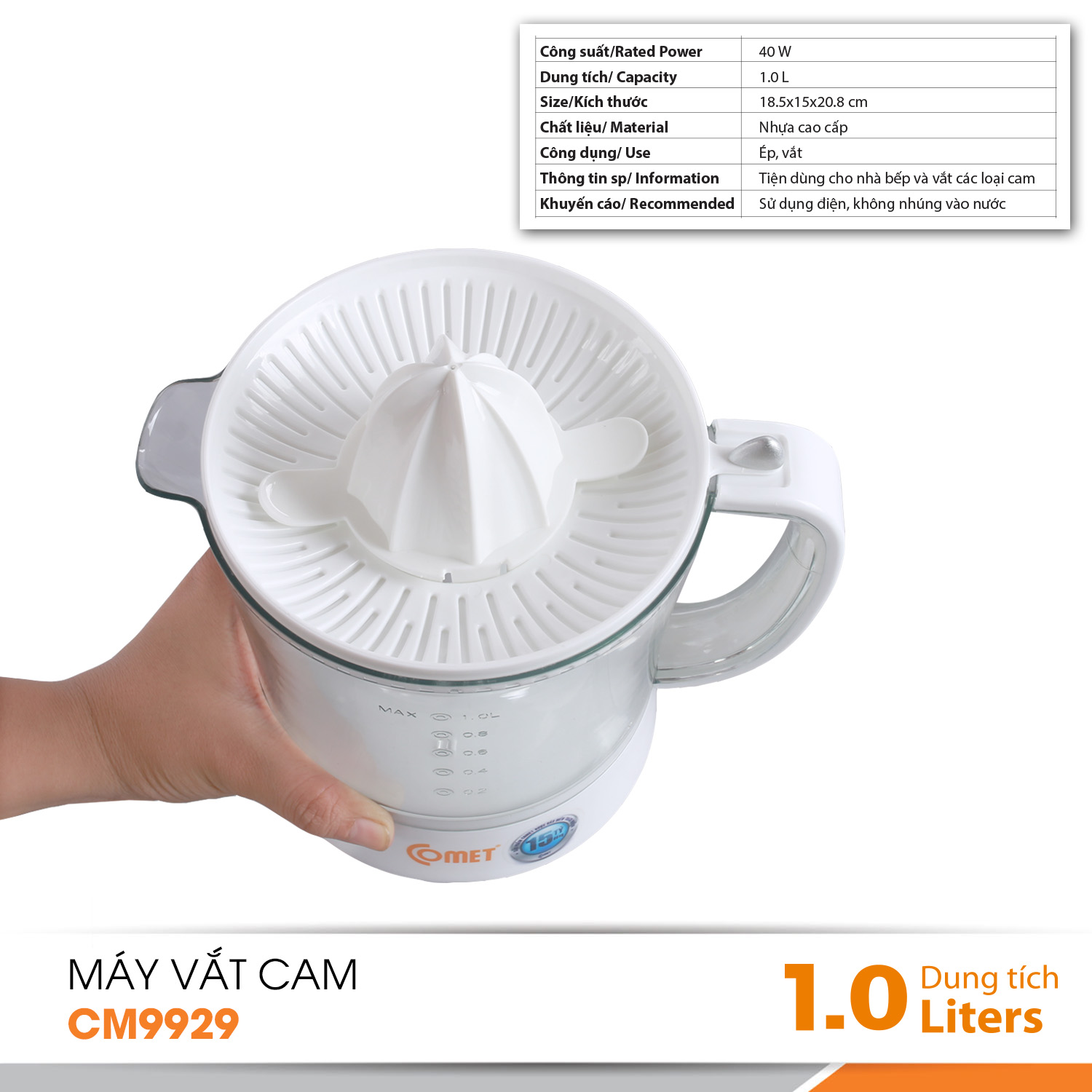 Máy Vắt Cam Comet CM9929 (1.0 Lít) - Trắng - Hàng Chính Hãng