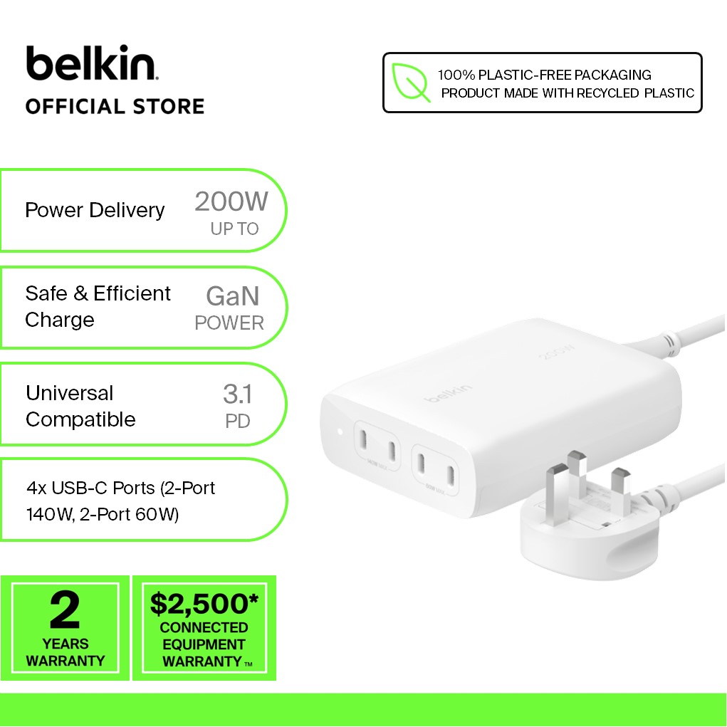 Adapter sạc nhanh 200WBelkin 4 cổng USB-C PD 3.0 GaN màu trắng - Hàng chính hãng