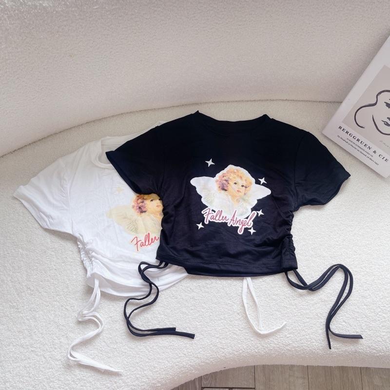 áo croptop rút dây 2 bên in hình Angel - Kèm ảnh thật