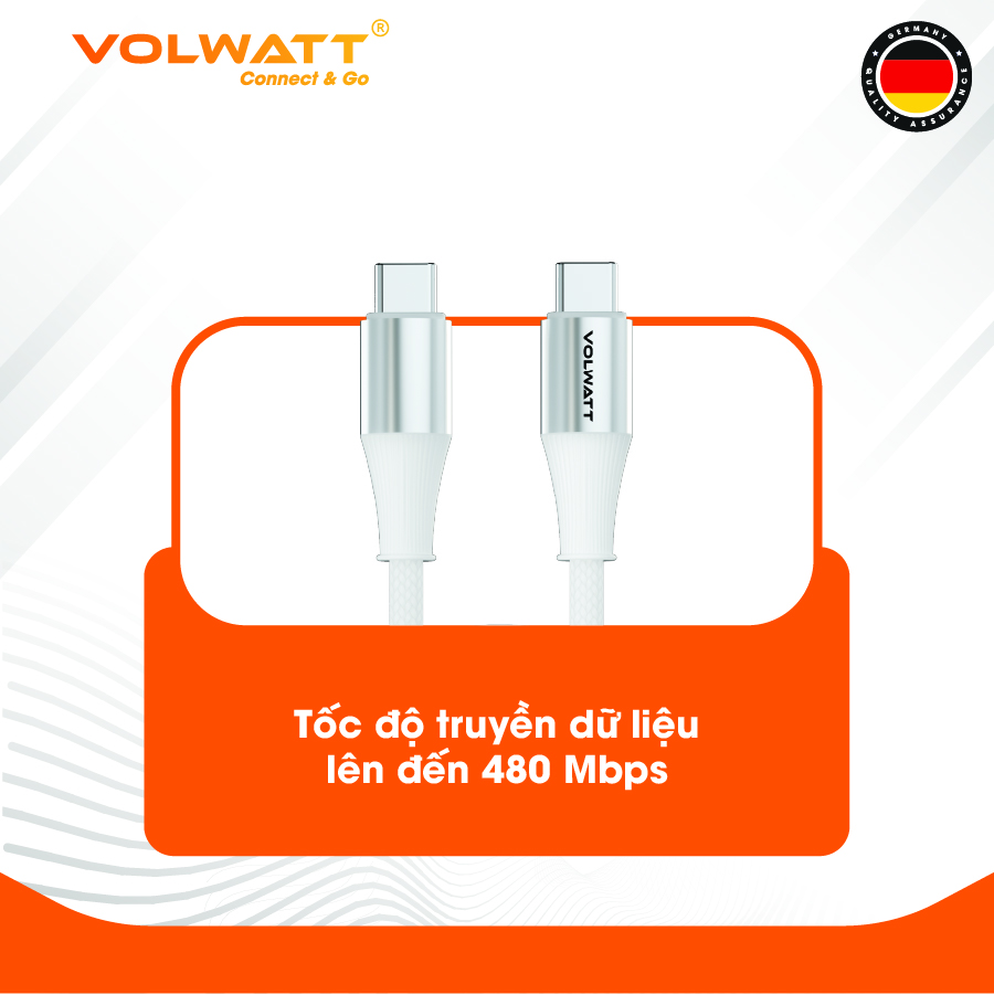 Cáp sạc siêu nhanh 60W Volwatt GE-S16-CC hàng chính hãng | Cáp Type-C to Type-C truyền dữ liệu 480Mbps, dây bện, dài 1m | BH 12 tháng