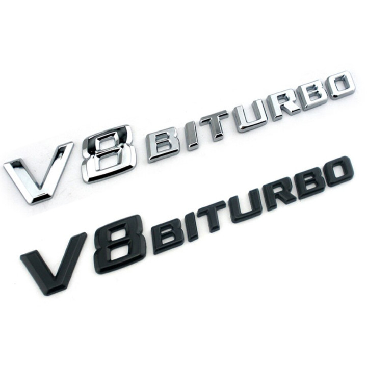 Decal tem chữ V8-Biturbo dán hông xe ô tô - Chất liệu: nhựa ABS cao cấp được mạ Crom - Kích thước: 19x2.3cm - 2 màu: Đen và Bạc