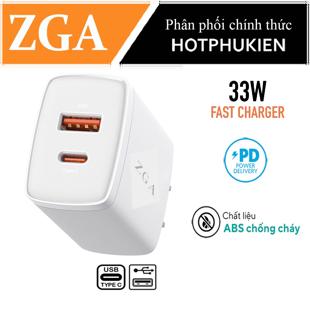 Adapter cóc củ sạc Type C sạc nhanh  33W đa năng trang bị 2 cổng USB A &amp; PD USB C hiệu ZGA CT09 chuẩn sạc nhanh PD 3.0 &amp; QC 3.0,  chip sạc thông minh, chân cắm US-UK