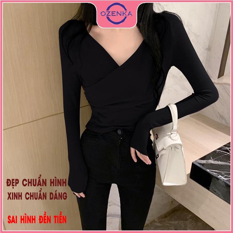 Áo croptop cổ v tay dài ôm nữ OZENKA crt thun gân thời trang đẹp 100% cotton đen trắng free size dưới 50kg