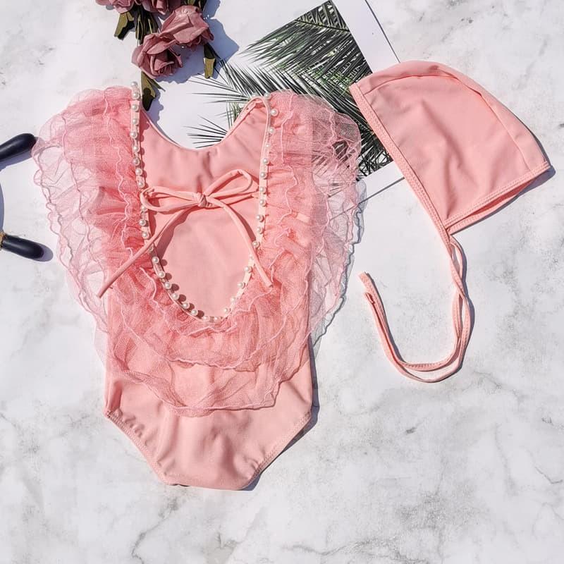 Bikini bé gái,bộ bơi bé gái liền thân đính ngọc trai xinh xắn cỡ nhí,kèm mũ
