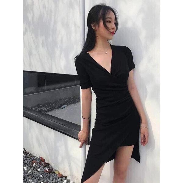 F539N Đầm ôm body cổ tim chéo, vạt chéo xéo tà 1 bên