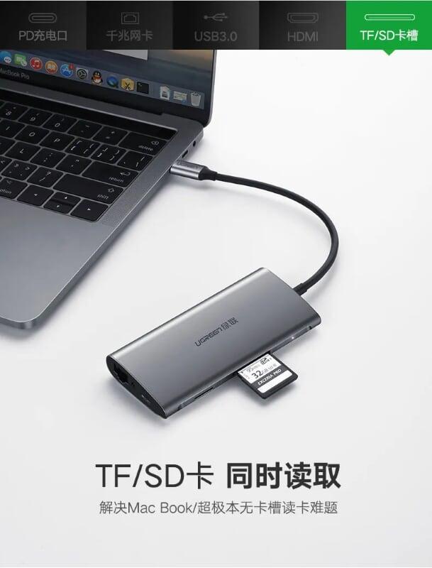 Ugreen UG50538CM121TK 15CM màu Xám Bộ chuyển đổi TYPE C sang 3 USB 3.0 + HDMI + LAN + TF SD + nguồn TYPE C vỏ nhôm - HÀNG CHÍNH HÃNG