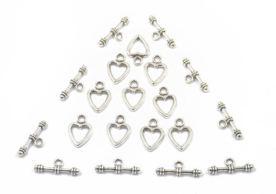 10 sets Antique Silver Heart Toggle Clasps Jewelry Making Findings