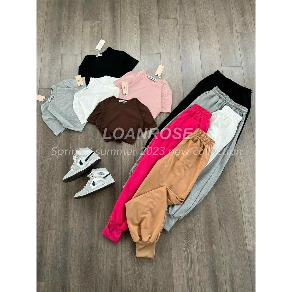 SET BỘ 2 MÓN ÁO CROPTOP CỔ TRÒN TAY NGẮN MIX QUẦN JOGER NĂNG ĐỘNG CÁ TÍNH - nâu