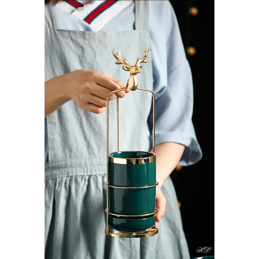 Ống cắm đũa, thìa dĩa sứ xanh có đĩa hứng nước kèm khung mạ vàng Hươu Cao