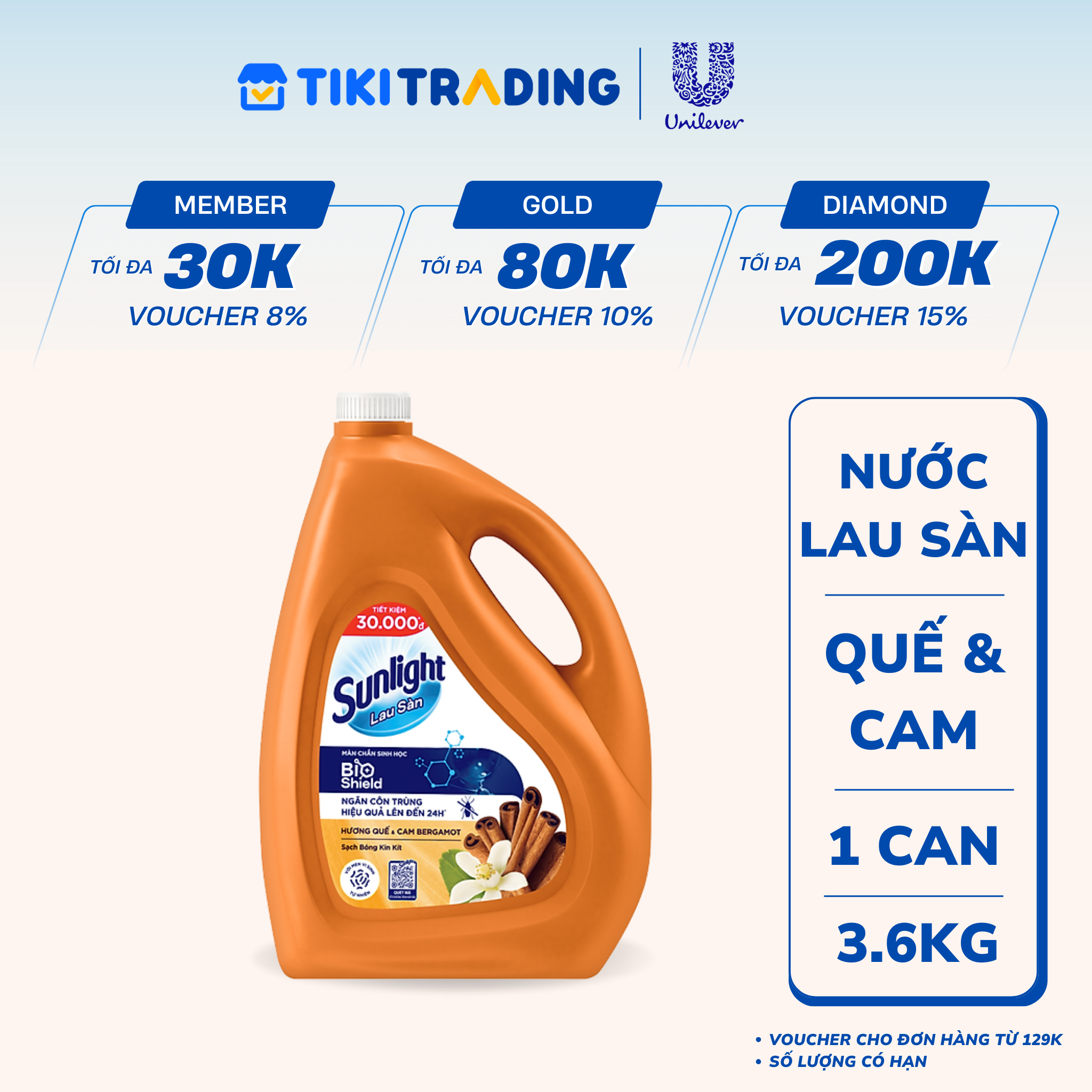 Nước Lau Sàn Sunlight BIOSHIELD Ngăn Côn Trùng Hiệu Quả Hương Quế & Cam Bergamot Chai 3.6KG